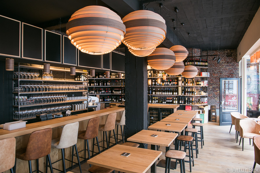 Sphere lamps in a winebar blend