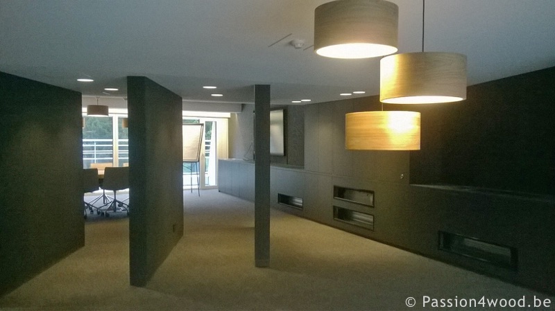 Drum lamps in walnut wood in meeting room