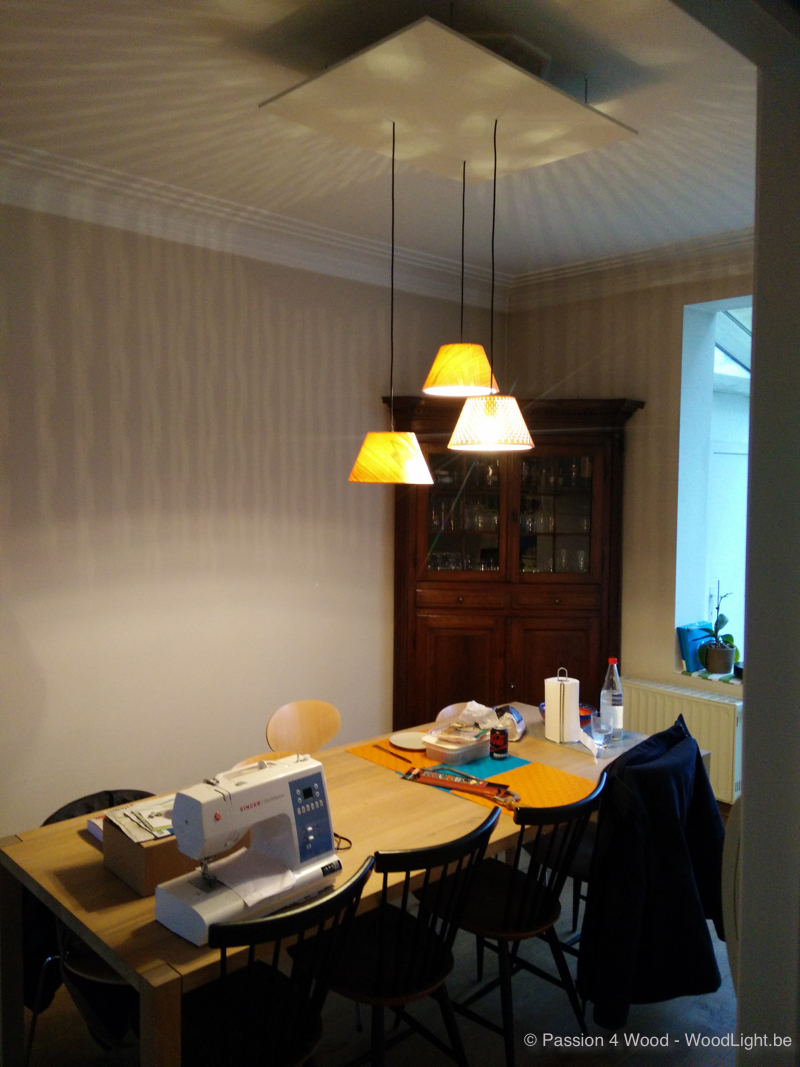 Small cone shaped lamps above dining table