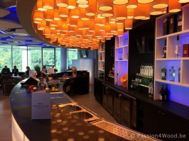 Many small tubes wooden lights on ceiling of a lounge bar - ghelamco arena ghent