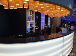 Many small tubes wooden lights on ceiling of a lounge bar - ghelamco arena ghent